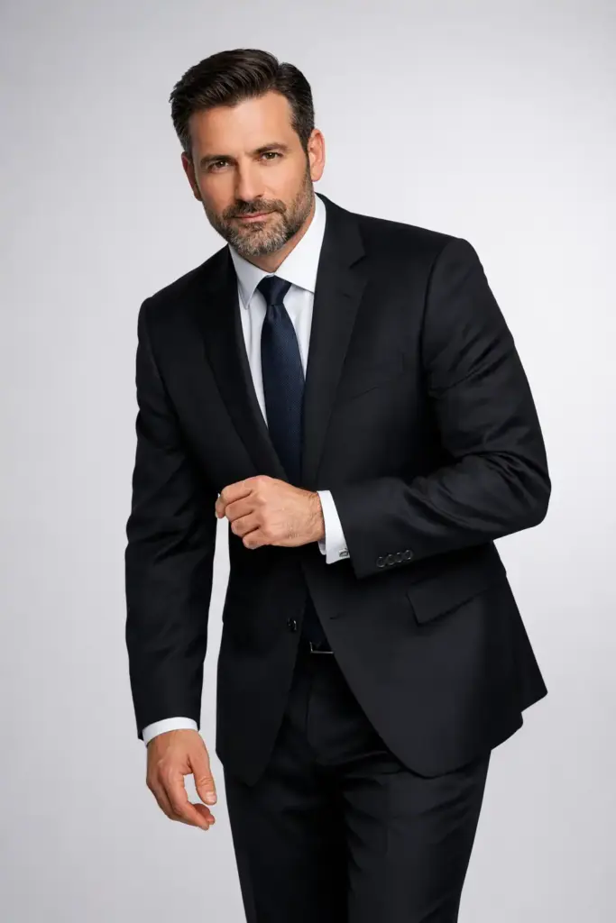 Create a professional business portrait of an adult man leaning slightly forward while standing, maintaining straight posture with confidence, one hand adjusting his suit cuff and the other relaxed by his side, wearing a well-fitted black suit with a white dress shirt and a solid dark tie, formal black dress shoes, neatly combed hair, trimmed beard, focused professional expression, controlled studio lighting with subtle highlights, clean minimal background, sharp focus, realistic corporate branding photography style. Use aspect ratio 3:4.