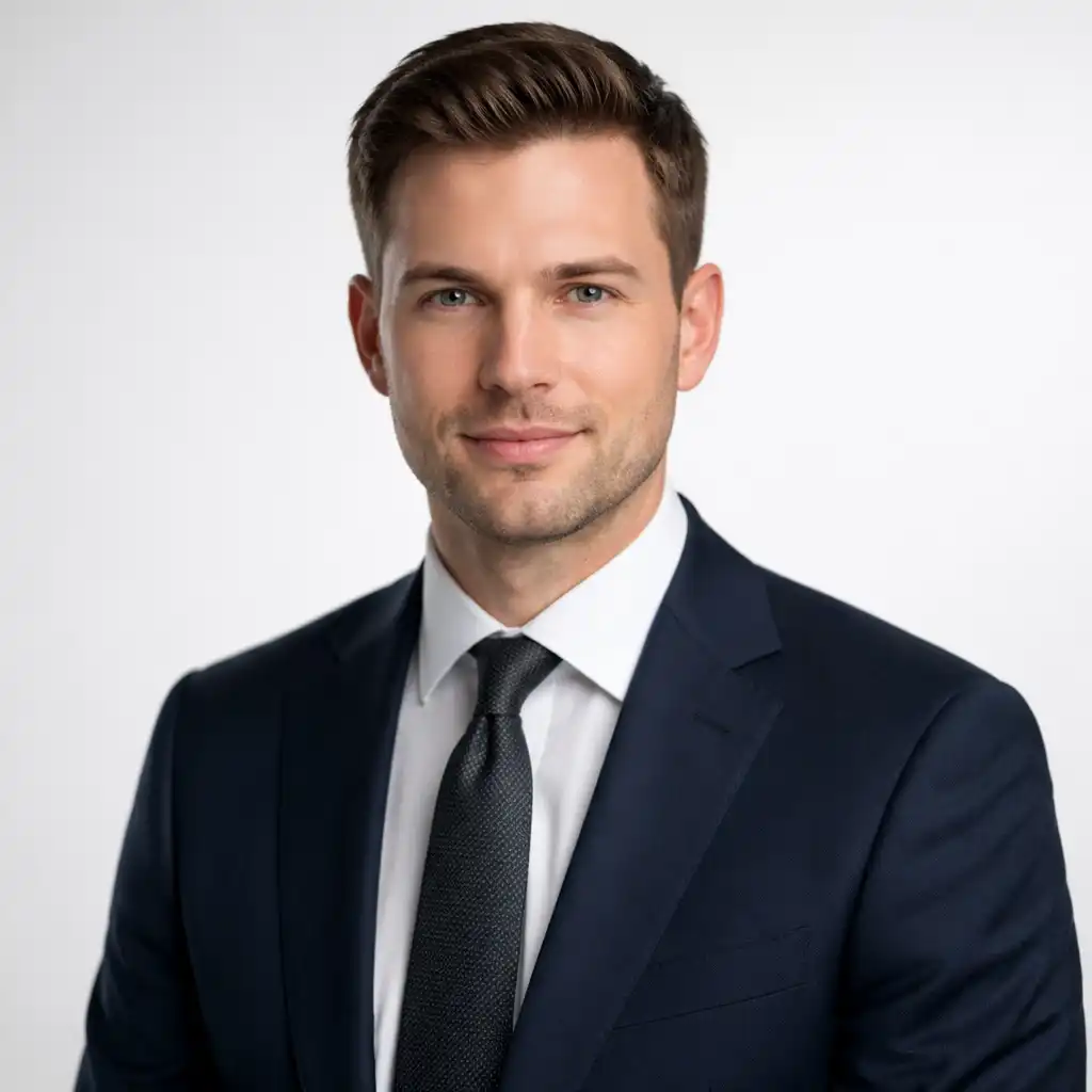 Create a professional corporate headshot of an adult man seated upright with relaxed shoulders, wearing a navy suit jacket, white dress shirt, and a textured dark tie, neatly styled hair, clean-shaven face, subtle professional smile, evenly diffused studio lighting, seamless light background, realistic skin detail, shallow depth of field, modern executive headshot style. Use aspect ratio 1:1.