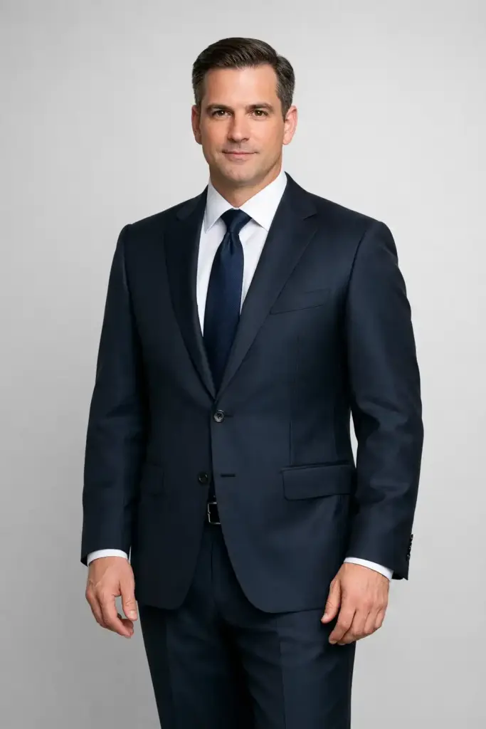 Create a professional leadership portrait of an adult man standing confidently with a straight posture, shoulders aligned and hands relaxed at his sides, wearing a tailored dark blue suit with a white dress shirt and a solid navy tie, polished leather dress shoes, neatly groomed hair with a clean side part, clean-shaven face, calm authoritative expression, soft studio lighting shaping the face evenly, minimal light gray background, sharp focus with realistic skin texture, premium executive photography style. Use aspect ratio 3:4.