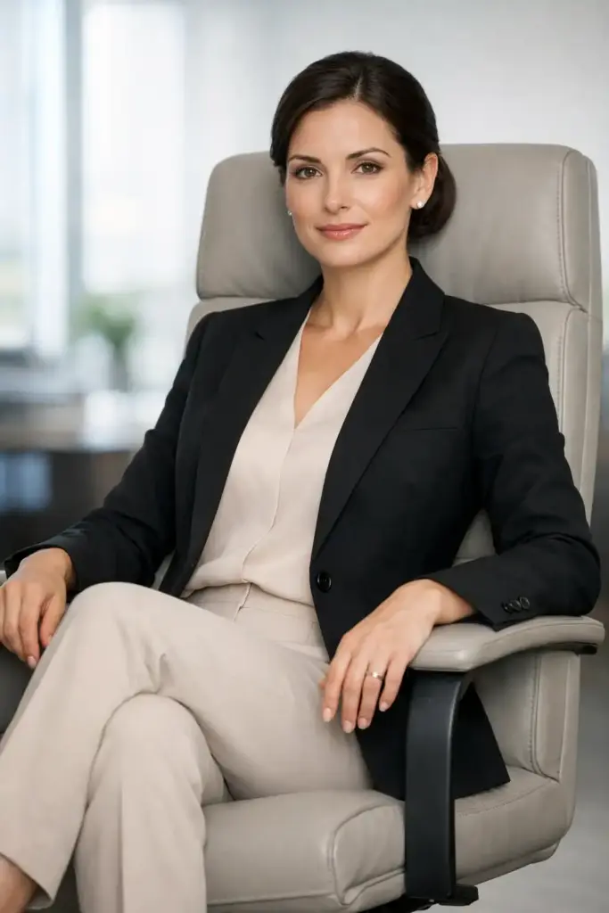Create a professional corporate portrait of an adult woman seated upright on a high-backed chair with proper posture, legs crossed neatly and hands resting lightly on the armrest, wearing a structured black blazer paired with a light beige formal blouse and matching trousers, closed-toe heels, hair styled in a smooth low bun, minimal professional makeup, composed confident expression, soft window light blended with studio fill light, clean office background with subtle blur, polished business editorial look. Use aspect ratio 4:5.