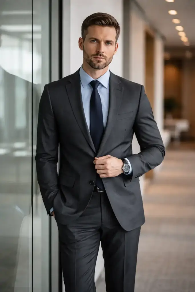 Create a professional business portrait of an adult man standing beside a glass office wall with a straight posture, one hand lightly touching the jacket button and the other relaxed, wearing a charcoal gray suit with a pale blue dress shirt and a dark solid tie, formal black shoes, neatly styled short hair, trimmed beard, focused thoughtful expression, natural daylight mixed with soft indoor lighting, modern corporate interior background, realistic tones, high-end branding photography style. Use aspect ratio 3:4.