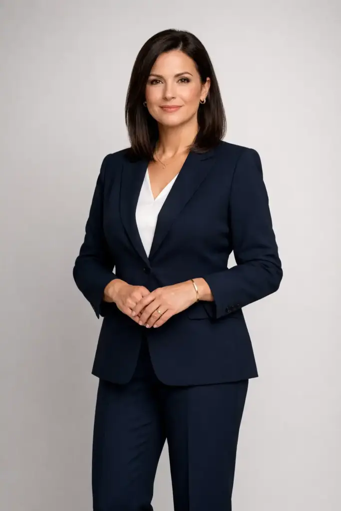 Create a professional executive portrait of an adult woman standing tall with arms gently crossed at waist level, wearing a tailored navy blazer over a crisp white blouse and straight-cut formal trousers, minimal gold jewelry, formal closed-toe heels, hair worn straight and neatly styled, refined makeup with neutral tones, confident leadership presence, controlled studio lighting with soft shadows, plain neutral backdrop, luxury corporate magazine finish. Use aspect ratio 2:3.