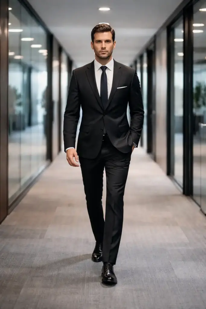 Create a professional executive portrait of an adult man walking through a modern office hallway with upright posture and controlled stride, arms relaxed naturally, wearing a black business suit with a white dress shirt and a dark tie, polished formal shoes, neatly groomed hair, serious focused expression, balanced indoor lighting, contemporary office background with gentle motion blur, sharp details, cinematic corporate photography style. Use aspect ratio 2:3.