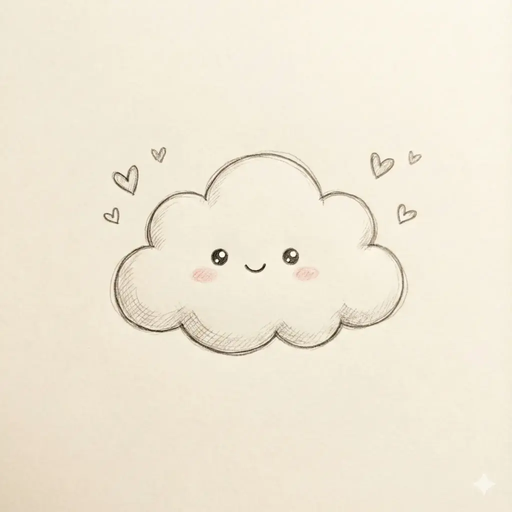 Create a small, fluffy cartoon cloud drawn in a soft hand-sketched style, centered on a warm off-white, lightly textured paper background. The cloud has a rounded, puffy shape with gentle uneven curves, outlined in thin, slightly imperfect pencil or ink lines. Subtle graphite-style shading appears along the lower edges, giving it a cozy, lightly shaded depth without realism. The cloud's face is simple and charming: two tiny round black eyes with a soft shine, a small curved smile, and faint rosy pink blush on both cheeks. The expression feels calm, sweet, and comforting. Small hand-drawn heart doodles float near the cloud on both sides, lightly sketched and minimal. Use 1:1 aspect ratio.