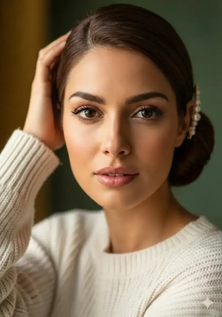 Style her hair into an elegant, sleek low bun positioned at the nape of her neck. Smooth all hair back tightly from the face, creating a polished, refined look with a center or side part. The bun should be neat, compact, and sophisticated with no flyaways. Optionally add a decorative hair accessory. The style should exude classic elegance and timeless beauty, perfect for formal occasions.