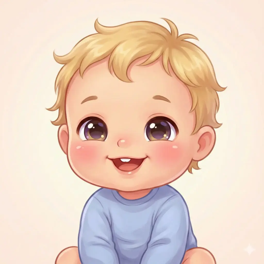 Create drawing of a cute cartoon baby character on very light pastel background. The baby has a large, rounded head with soft proportions and a small body, creating an adorable chibi-style look. The skin tone is fair with a warm glow, and the cheeks are round with pronounced rosy blush. The baby has big, expressive eyes with large dark pupils, glossy highlights, and subtle gradients that give them a sparkling, innocent appearance. The eyebrows are small and gently curved, adding to the friendly expression. The baby's mouth is open in a joyful smile, showing a hint of teeth, conveying happiness and curiosity. The hair is short, soft, and slightly tousled, colored light golden blond with gentle shading and a few curved strands at the top for a playful feel. The baby wears a simple long-sleeve shirt in a muted pastel blue, with smooth fabric shading and minimal detail. The drawing style is clean, polished, and digitally painted, with soft gradients, smooth blending, rounded shapes, and a warm, wholesome mood. Use aspect ratio 1:1.