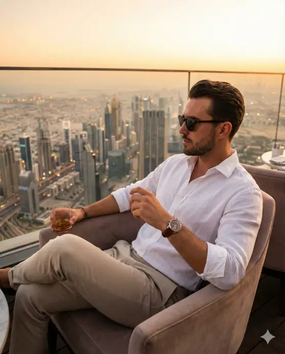 Create a luxury lifestyle scene of a man seated on a rooftop lounge overlooking a modern skyline, relaxed posture leaning slightly back with one arm resting on the chair and the other holding a glass, wearing a crisp white linen shirt with sleeves rolled up, slim-fit beige trousers, luxury sunglasses, leather strap watch, well-groomed hair, composed expression, sunset lighting casting warm tones, city lights beginning to glow, premium cinematic photography style, high contrast, stylish Instagram look. Use aspect ratio 4:5.
