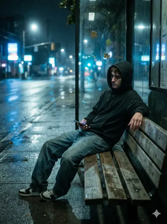 Create a moody street photography portrait of a young man sitting on a bus stop bench late at night, leaning back slightly with one arm stretched across the bench and the other holding a phone, wearing a dark hoodie, loose jeans, and sneakers, hood partially up, posture relaxed yet tired, cool-toned streetlights casting soft shadows, empty road behind him, realistic noise, shallow depth of field, and a quiet urban solitude mood. Use aspect ratio 3:4.
