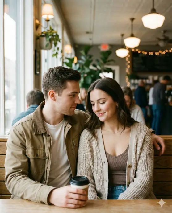 Create a casual Valentine's Day café couple photo of a young adult man and young adult woman sitting side by side on a bench seat, shoulders touching, the man holding a coffee cup while looking at the woman, the woman smiling subtly while looking down, the man wearing a lightweight jacket over a t-shirt and jeans, the woman wearing a relaxed cardigan over a tank top with straight jeans, natural makeup, camera shot at table height, soft café lighting, blurred background, everyday Instagram couple style. Use aspect ratio 4:5.