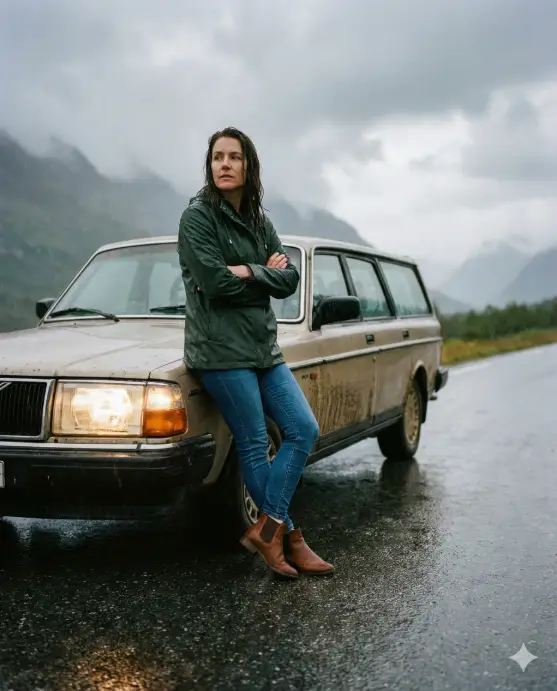 Create a cinematic road trip photo of an adult woman standing beside a car under light rain, straight posture with arms crossed gently for warmth, wearing a waterproof jacket, fitted jeans, ankle boots, hair slightly damp, calm introspective expression, wet road reflecting headlights and sky, cloudy moody atmosphere, realistic reflections, cinematic travel photography style. Use aspect ratio 4:5.