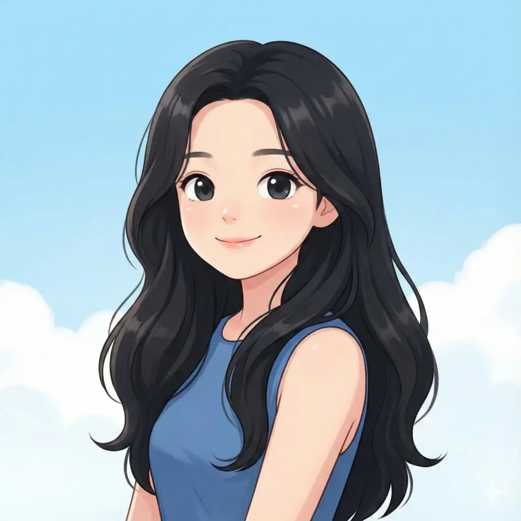 Create a soft, anime-inspired digital illustration of a young girl shown from the waist up, facing forward with a gentle, friendly smile. She has large, expressive dark eyes with subtle highlights, a small nose, and a delicate, rounded face. Her long, wavy black hair flows naturally past her shoulders, with loose strands framing her face and soft volume throughout. She is wearing a simple sleeveless blue top with clean lines and no patterns, emphasizing a casual, youthful look. The background is a clear, light blue sky with a few soft, fluffy white clouds, painted in a minimal and airy style. The lighting is bright and even, creating a warm, wholesome mood. The overall art style is clean, polished, and cute, with smooth shading, gentle gradients, and a calm, comforting atmosphere reminiscent of modern anime or webtoon character art. Use 1:1 aspect ratio.