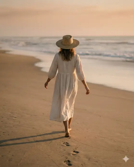 Create a cinematic beach lifestyle photo of a woman walking toward the ocean with her back facing the camera, natural relaxed posture with arms gently swinging, wearing a lightweight flowing dress moving naturally in the wind, barefoot on smooth sand with subtle footprints visible, warm sunlight casting long soft shadows, camera placed slightly behind at mid-height, strong depth of field with the subject in focus and horizon softly blurred, calm luxury Instagram mood, natural color grading, high-end lifestyle photography realism. Use aspect ratio 4:5.