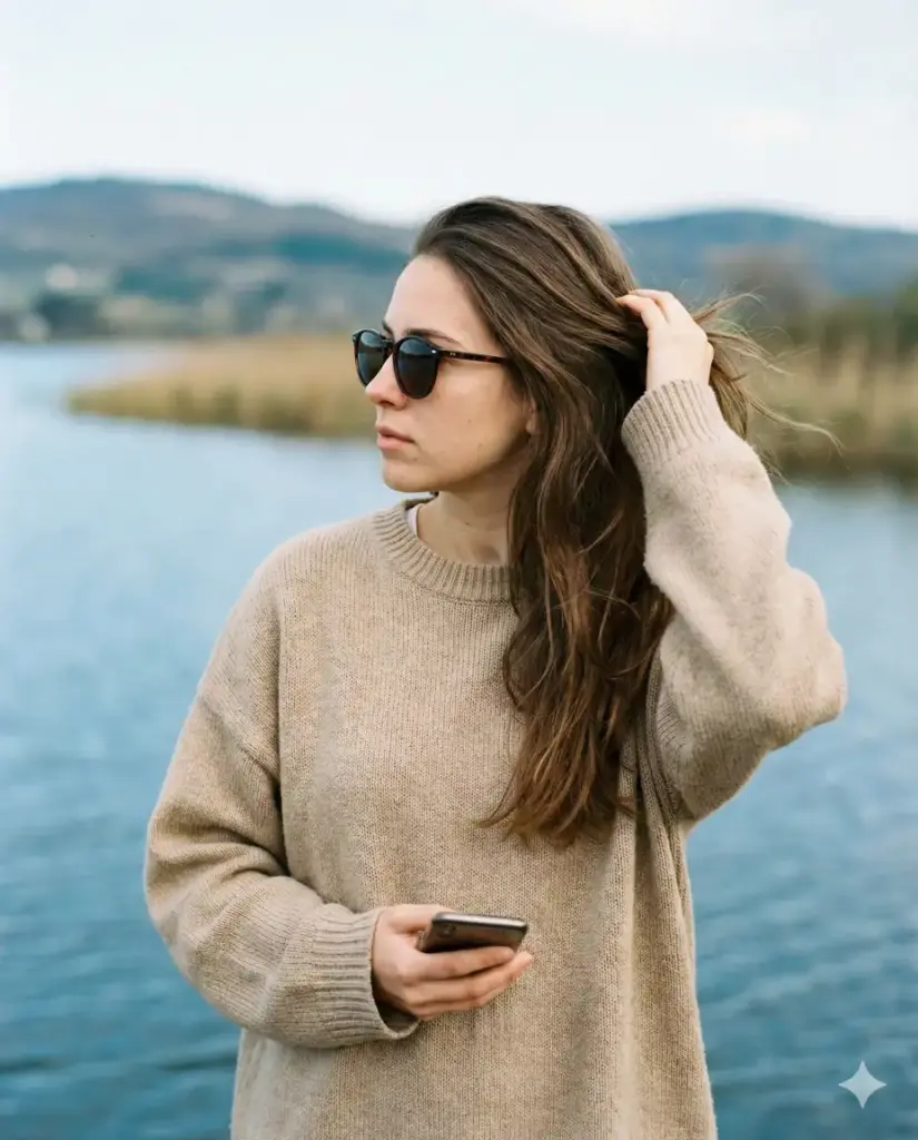 Create a photorealistic outdoor lifestyle portrait of a young woman standing near a calm waterfront with distant hills and a softly blurred shoreline in the background. She is captured from the waist up in a three-quarter profile, looking to her left away from the camera with a relaxed, thoughtful expression. One hand gently touches her hair near the back of her head while the other rests casually near her waist, holding a phone. She wears an oversized neutral-toned sweater with a soft texture and dark sunglasses, giving the scene a cozy, effortless travel feel. Her long hair flows naturally with slight movement, and her makeup is minimal and realistic with natural skin texture. Lighting is bright natural daylight with balanced highlights and soft shadows, preserving true-to-life colors and depth. The background remains fully filled with sky, water, and distant landscape, rendered with shallow depth of field for a clean, cinematic look. The overall mood is calm, reflective, and modern, like a candid moment captured during a quiet day outdoors. High resolution, realistic lens behavior, no distortion, no text, no artifacts. Aspect ratio 4:5.