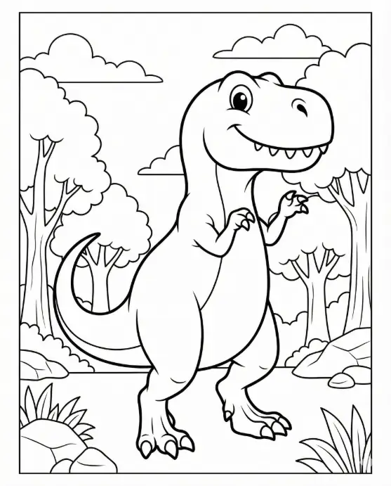 Create a black and white coloring page illustration of a smiling dinosaur standing in a prehistoric forest in a clean, printable coloring book style. The image should use pure line art with smooth, bold black outlines on a white background, with clear separation between all elements for easy coloring. The dinosaur should be standing upright with small arms raised, and the background should include simple trees, rocks, and clouds without overpowering the main subject. Do not include any shading, gradients, grayscale, textures, or color of any kind. The illustration should have no text, letters, numbers, logos, or watermarks and should appear neat and professional when printed. Generate the image in high resolution, vertical layout, and use an aspect ratio of 4:5.

