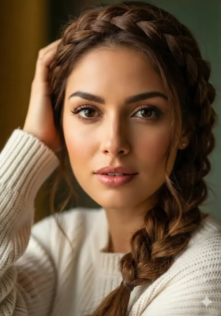 Style this woman's hair with a French braid crown that wraps around her head like a halo. Begin braiding from one side near the temple, incorporating hair as you braid across the top of the head to the other side. The braid should sit like a headband across the crown. Leave the remaining hair down in loose waves or secure it all into the braid for a full crown effect. The style should look romantic, intricate, and bohemian.