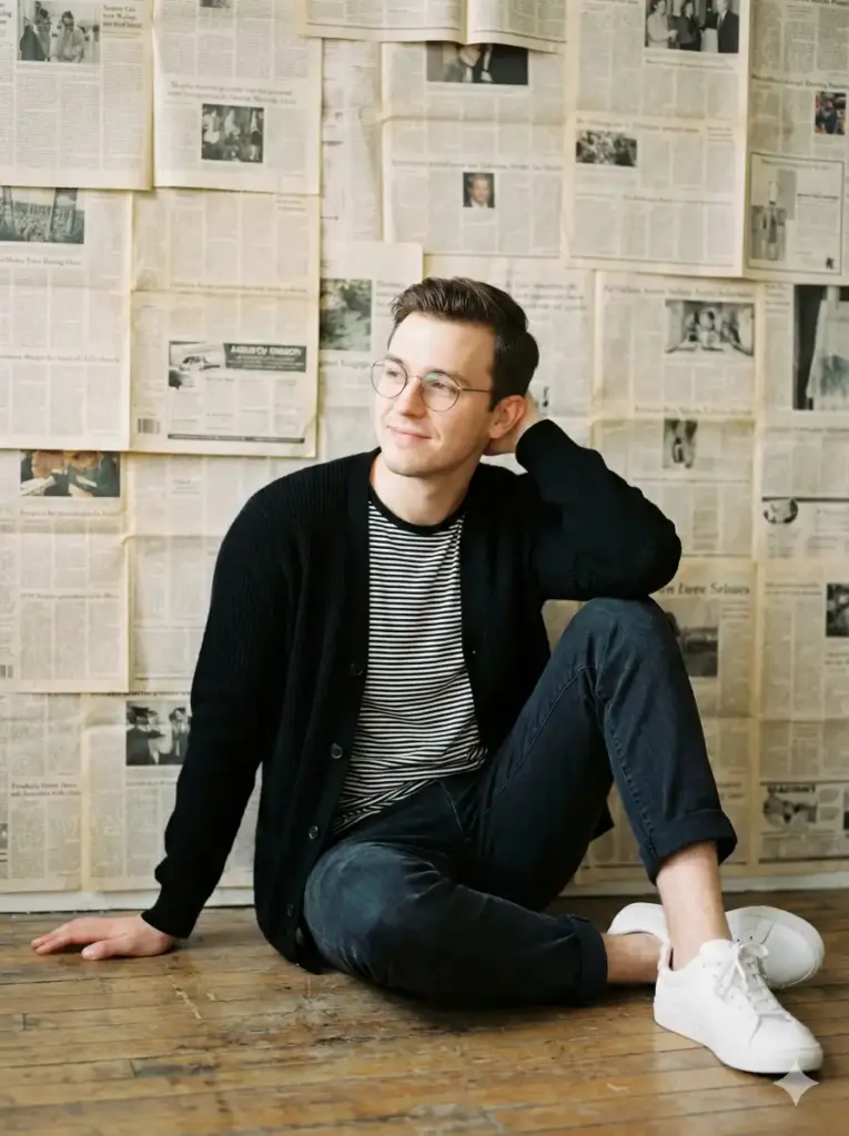 Create an editorial studio portrait of a young adult man seated casually on the floor against a backdrop completely covered in overlapping newspaper pages. He sits with a relaxed posture, legs bent comfortably, one arm resting behind his head, projecting ease and quiet confidence. His expression is calm and introspective, with his gaze directed off-camera. He wears a black cardigan layered over a black-and-white striped t-shirt, paired with dark jeans and clean white sneakers for a modern, minimalist look. Thin-framed eyeglasses add an intellectual edge. Soft, controlled studio lighting illuminates his face evenly, creating gentle shadows and clear texture without harsh contrast. The newspaper-covered background adds depth and narrative interest while remaining muted and cohesive. The image features sharp subject focus, realistic skin tones, subtle grain, and a clean editorial color grade. Photorealistic fashion portrait photography, studio setup, relaxed pose, modern styling, no dramatic lighting, aspect ratio 3:4.