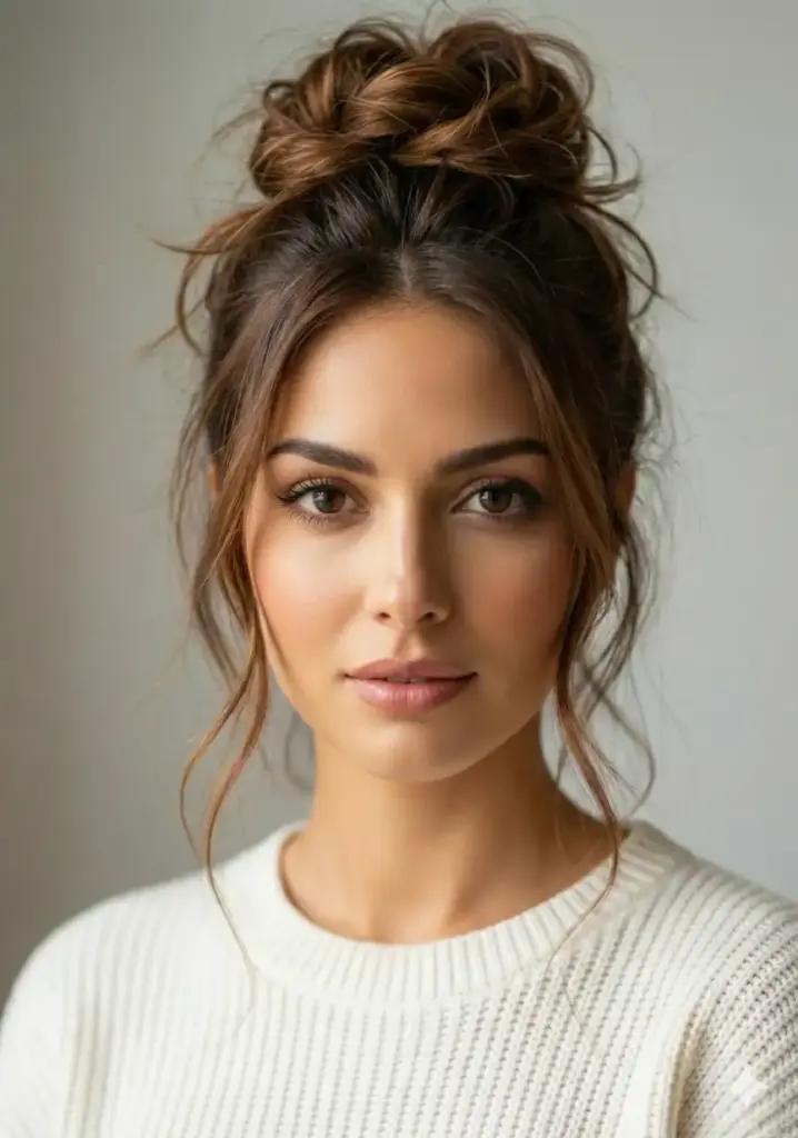 Transform her hairstyle into a casual, effortless messy bun positioned at the crown or slightly back. Gather the hair loosely, allowing some face-framing pieces and wispy strands to fall naturally around her face and neck. The bun should look intentionally undone with texture and volume, not perfectly smooth. A few loose tendrils should escape for a romantic, relaxed vibe. The overall appearance should be chic yet carefree.