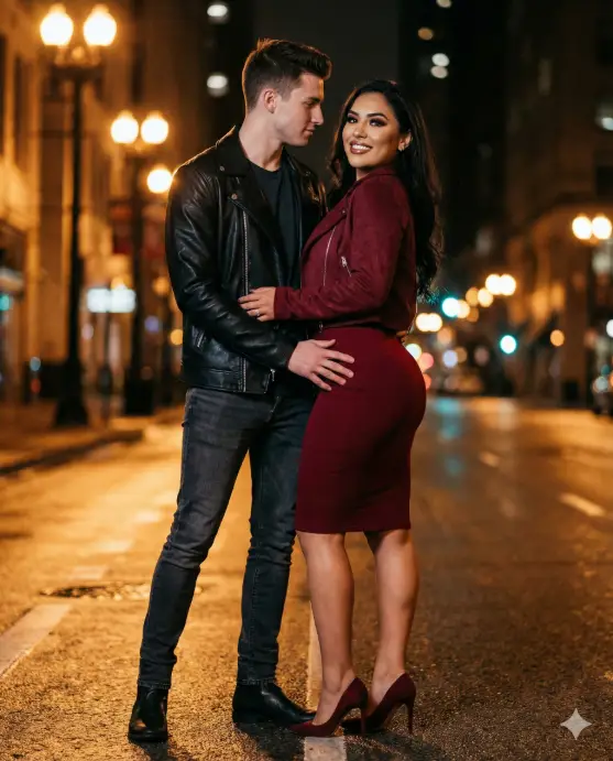 Create a cinematic Valentine's Day night couple photo of a young adult man and young adult woman standing under warm street lights, the man standing slightly angled toward the woman with one hand gently placed on her hips, the woman facing the camera with her head slightly turned toward him, relaxed confident posture, the man wearing a black leather jacket over a dark t-shirt with slim jeans and boots, the woman wearing a deep red bodycon dress with a cropped jacket and heels, bold but elegant makeup with glossy lips, camera shot slightly below eye level, soft city lights in the background creating bokeh, moody shadows, stylish urban Instagram aesthetic. Use aspect ratio 4:5.