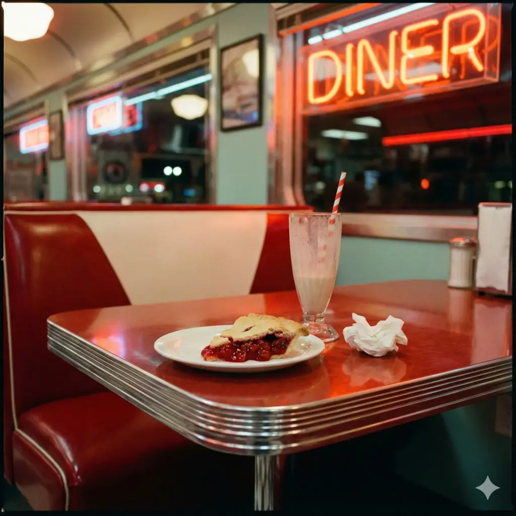Create a vibrant, retro-inspired still life photograph of a classic red vinyl booth table in a 1950s American diner. Feature a half-eaten slice of cherry pie on a white plate, a half-empty glass of milkshake with a striped straw, and a crumpled paper napkin. The lighting should be slightly warm and atmospheric, evoking the glow of neon signs. Focus on rich colors and a slightly glossy, nostalgic feel. Film photography aesthetic, slight grain. Use aspect ratio 1:1.