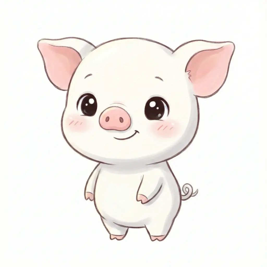 Create a cute, chibi-style baby pig illustrated in a clean, soft cartoon aesthetic. The pig is standing upright and facing forward, with an oversized round head and a small, plump body. It has large, expressive glossy black eyes with bright highlights, a tiny pink snout, and subtle blush on its cheeks for an extra adorable expression. The ears are wide and slightly floppy, angled outward, and the tail is short and curly. The pig's body is white with gentle gray shading to suggest softness and volume. Linework is smooth, thin, and slightly sketch-like, with a hand-drawn feel. The overall style is kawaii and child-friendly, similar to a children's book illustration or sticker design. Minimalist white background, soft lighting, no harsh shadows, high clarity, and a warm, wholesome mood. Use 1:1 aspect ratio.