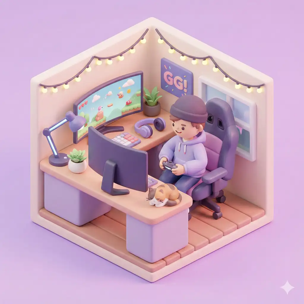 Create a cute 3D isometric illustration of a casual gamer playing at a desk from a classic three-quarter top-down isometric angle, designed in a soft, playful miniature style inspired by trendy social media artwork. The scene uses smooth 3D forms with rounded edges, simplified shapes, and slightly exaggerated proportions, featuring a clay-like or soft plastic look with pastel or gently saturated colors and subtle gradients. Lighting is soft and diffused from above and slightly to one side, producing clean highlights and gentle shadows. Include a gaming desk, monitor, controller, headset, gaming chair, LED desk lamp, wall decor, and a small pet arranged neatly with clear spacing and visual balance, using minimal, polished textures for a modern feel. Keep the background simple with a minimal isometric room so the focus stays on the subject. The overall mood should feel cozy, friendly, and joyful, rendered in high quality with smooth edges, no noise, no realism, no complex textures, and no flat illustration style. Use aspect ratio 1:1.