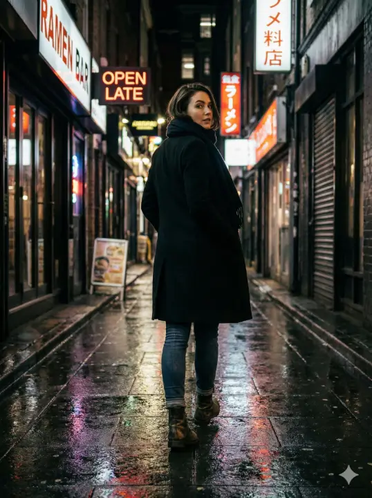 Create a cinematic street photography image of a woman walking through a narrow alleyway at night, captured from behind at a slight angle as she glances back over her shoulder, wearing a long black coat, dark scarf, fitted jeans, and boots, her posture confident yet relaxed, neon shop signs casting colorful reflections on wet pavement, dramatic contrast between light and shadow, shallow depth of field, natural motion blur, realistic lighting falloff, and a raw urban storytelling feel. Use aspect ratio 3:4.