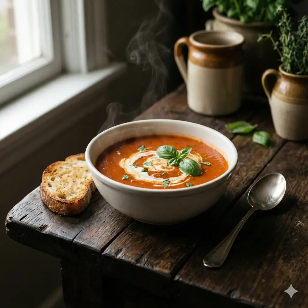 Create a rustic, atmospheric food still life of a steaming bowl of tomato basil soup placed on a dark, rough-hewn oak table. Garnish the soup with a swirl of heavy cream and fresh basil leaves. Place a slice of toasted sourdough bread and a vintage silver spoon beside the bowl. Illuminate the scene with natural window light coming from the side, creating soft shadows and highlighting the steam rising from the soup. Shallow depth of field with the background slightly blurred. Moody and warm tones. Use aspect ratio 1:1.