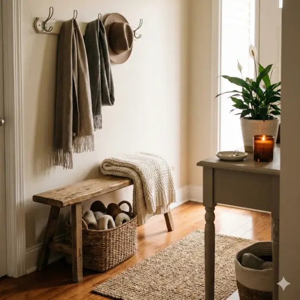 Create a welcoming home entryway scene featuring a rustic wooden bench with a folded chunky knit throw blanket in cream, woven basket underneath holding cozy slippers, vintage-style wall hooks above displaying a collection of warm scarves and a felt hat, small console table nearby with a ceramic dish for keys, potted peace lily, and a lit candle in an amber glass jar, natural woven jute rug on warm wooden floors, soft natural light coming through an unseen doorway creating a welcoming glow, shot at eye level capturing the organized entryway setup, inviting and homey atmosphere with warm neutrals, natural textures, and touches of green. Use aspect ratio 1:1.