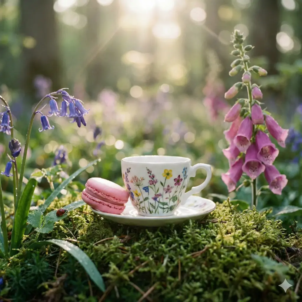 Create a whimsical still life photograph of a miniature porcelain teacup and saucer set on a mossy patch of forest floor. Place a single, perfectly crafted macaron beside it, along with a few dew-kissed wildflowers and a tiny, curious ladybug exploring a leaf. The lighting should be soft, diffused, and magical, as if a ray of sunlight is piercing through the canopy. Shallow depth of field, ethereal and enchanting mood. Use aspect ratio 1:1.