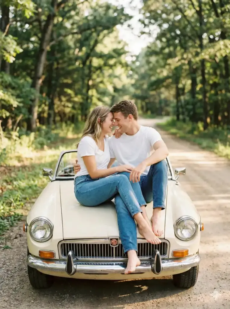 Create a romantic outdoor lifestyle portrait of a young couple sitting together on the hood of a vintage car parked along a quiet, tree-lined road. They are positioned close, leaning into each other with relaxed, playful body language, sharing a soft smile and an intimate moment. Their expressions feel genuine and affectionate, not posed. Both wear simple, casual outfits such as white tops paired with relaxed blue denim, with bare feet adding a carefree, spontaneous touch. Natural daylight softly illuminates the scene, producing warm highlights and gentle shadows. The background features lush greenery and overhanging trees, softly blurred to create depth and focus on the couple. The image has a shallow depth of field, realistic skin tones, subtle grain, and a warm, nostalgic color grade. Photorealistic lifestyle photography, natural light, candid emotion, cinematic softness, no harsh contrast, no artificial lighting, aspect ratio 3:4.