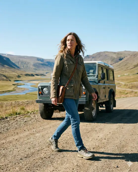 Create a detailed road trip photo of an adult woman walking along a scenic road beside a parked car, natural walking posture with one foot mid-step, wearing a lightweight jacket, fitted jeans, comfortable sneakers, crossbody travel bag, hair loose and natural, curious observant expression, wide valley landscape with rolling hills, bright daylight, clear blue sky, crisp colors, professional adventure lifestyle photography. Use aspect ratio 4:5.
