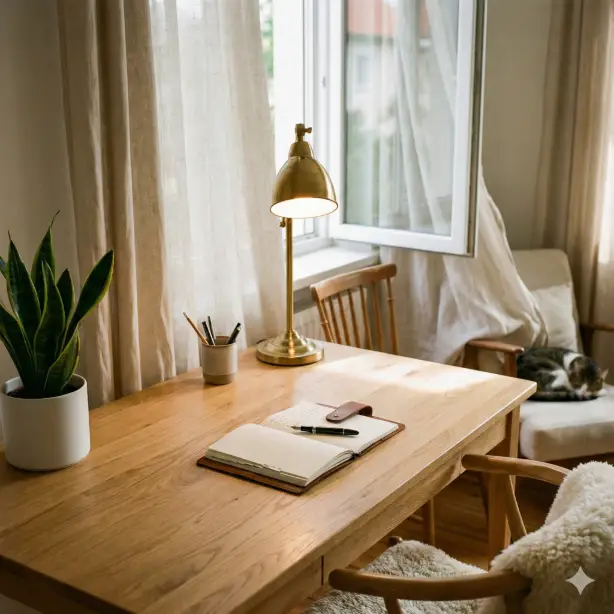 Create a peaceful home office corner featuring a light oak wooden desk with natural grain, topped with an open leather-bound journal and fountain pen, small ceramic cup holding pens and pencils, potted snake plant in a minimalist white pot, vintage brass desk lamp casting warm focused light, linen curtains softly billowing in the background near an open window, wooden chair with a small sheepskin throw draped over the back, soft afternoon light creating long gentle shadows across the desk surface, shot from a slightly elevated angle capturing the organized workspace, calm and productive atmosphere with warm wood tones, white, cream, and touches of green. Use aspect ratio 1:1.