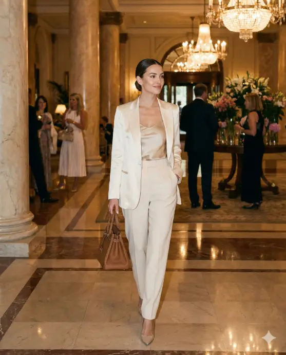 Create a luxury lifestyle photo of a stylish woman walking through a five-star hotel lobby, graceful forward stride with straight posture and relaxed shoulders, wearing a cream silk blazer over a satin top, high-waisted tailored trousers, designer heels, carrying a structured leather handbag, sleek low bun hairstyle, neutral makeup, soft confident smile, warm indoor lighting with marble interiors, elegant reflections, professional fashion editorial look, clean luxury Instagram vibe, realistic lighting and textures. Use aspect ratio 4:5.