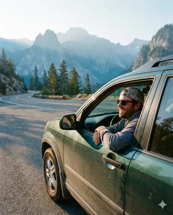 Create a cinematic road trip photo of an adult man leaning out of the driver's side window of a parked car, upper body slightly forward, forearms resting on the window frame, wearing a casual hoodie, baseball cap, sunglasses, relaxed smile, dashboard and steering wheel partially visible, mountain road behind the car, cool early morning light, light fog in the distance, realistic shadows, modern travel photography aesthetic. Use aspect ratio 4:5.