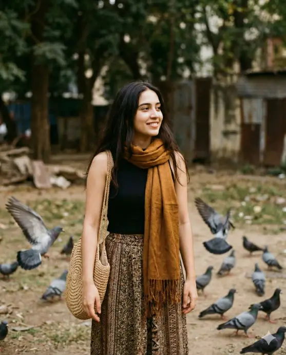 Create a cinematic outdoor lifestyle portrait of a young woman standing gracefully in a rustic urban park or open courtyard, surrounded by soft earth tones and a flock of pigeons scattered across the ground. She is captured in a candid moment, smiling gently while looking off to the side, conveying warmth, ease, and quiet joy. She has long, dark hair worn loose with natural volume, softly framing her face. Her makeup is minimal and natural. She wears a fitted black sleeveless top paired with a flowing, high-waisted maxi skirt featuring intricate earthy patterns and traditional-inspired prints. Draped loosely around her neck is a richly patterned scarf with warm tones, adding texture and cultural depth to the outfit. A woven straw shoulder bag hangs casually from her arm, reinforcing a relaxed, bohemian aesthetic. Simple bangles and understated accessories complete the look. The environment feels organic and lived-in: natural ground, scattered pigeons creating subtle motion and life, and a softly blurred background of trees and shaded structures. Lighting is soft and natural, slightly diffused, with gentle contrast that adds depth without harsh shadows. The color grading leans warm and muted, creating a cinematic, storytelling feel. Use aspect ratio 4:5.