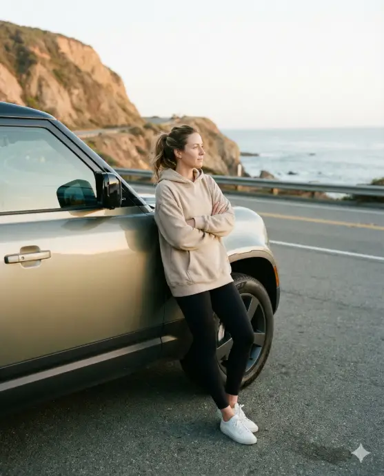 Create a realistic road trip photo of an adult woman leaning slightly against the hood of a modern SUV on a coastal road, weight shifted to one leg, arms loosely crossed, wearing an oversized beige hoodie, fitted black leggings, white sneakers, hair tied in a loose ponytail, minimal makeup, peaceful thoughtful expression, ocean cliffs in the background, soft morning light, gentle sea breeze effect on clothing, natural tones, premium lifestyle travel photography. Use aspect ratio 4:5.