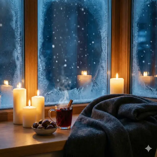 Create a cozy winter evening scene featuring a large window with frost visible on the glass edges and snow falling softly outside in the darkness, wide wooden windowsill holding three lit pillar candles of varying heights in cream, a steaming mug of mulled wine with cinnamon stick and star anise visible, small bowl of roasted chestnuts, thick wool blanket in charcoal gray folded on the window seat, warm candlelight reflecting off the cold window glass creating a beautiful contrast between interior warmth and winter outside, shot from inside at eye level capturing both the cozy interior elements and the snowy night beyond, hygge winter sanctuary atmosphere with warm candlelight amber, deep charcoal, cream, and cool blue tones from the snow outside. Use aspect ratio 1:1.