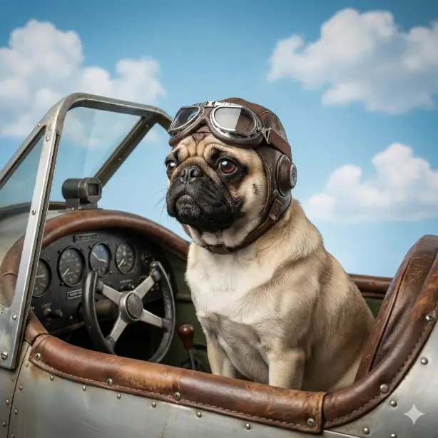 Create a creative studio photo using the uploaded pet photo as the main subject. Place the pet inside a small airplane cockpit or adventure themed prop setup. Add goggles or helmet for character styling. Use a bright sky themed background with soft clouds. Clean lighting, cinematic mood, realistic textures, premium pet advertising photography style. Use aspect ratio 1:1.