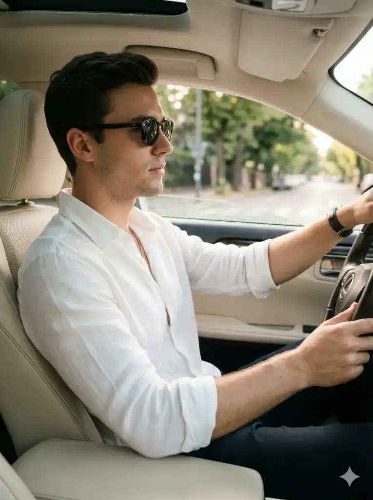 Create a lifestyle portrait of a young adult man seated confidently in the driver's seat of a modern car. He holds the steering wheel naturally, facing forward with a calm, focused expression that conveys quiet confidence. He wears a clean white shirt styled casually with the top buttons open, paired with minimal accessories such as a thin chain necklace. Dark sunglasses add a refined, composed presence. Warm natural daylight filters through the car windows, softly illuminating his face and creating realistic skin tones. The interior features light-colored upholstery that enhances a premium, minimal aesthetic. The background outside the car is gently blurred to maintain focus on the subject. The image has balanced contrast, subtle grain, and a clean editorial finish. Photorealistic lifestyle photography, natural light, confident masculine energy, modern aesthetic, no harsh shadows, aspect ratio 3:4.