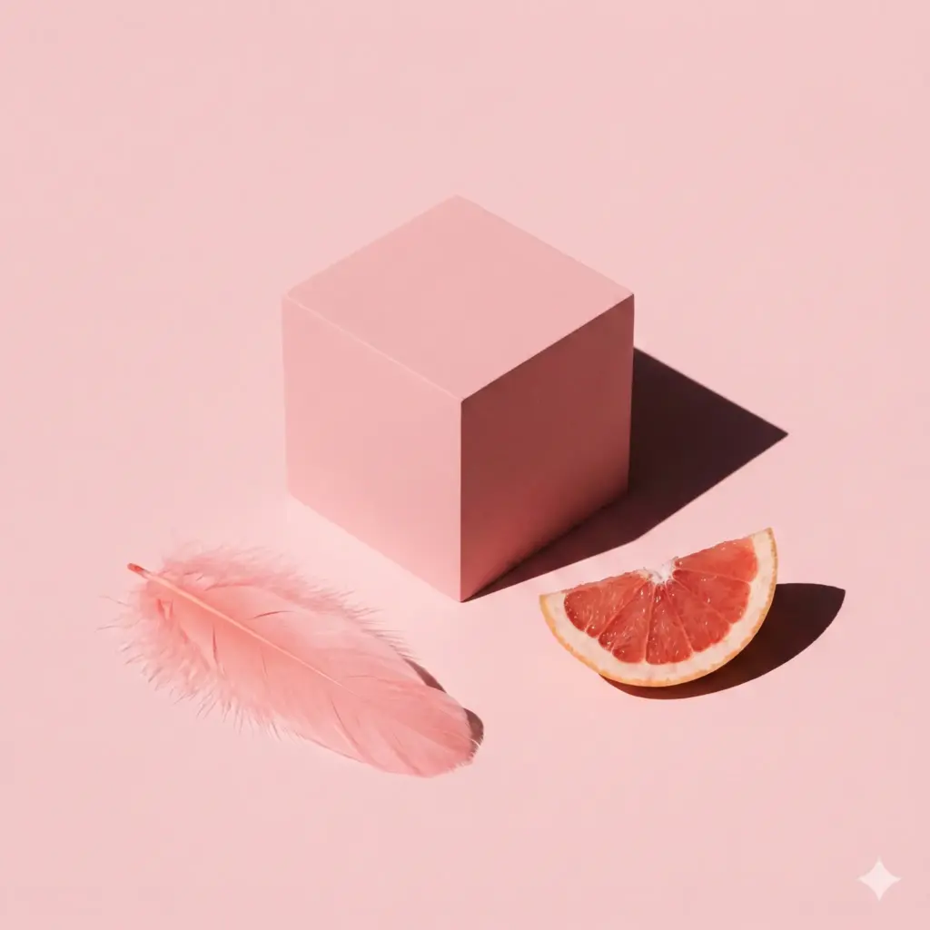 Create a minimalist, monochromatic still life composition in "Millennial Pink." Place a pink matte cube, a pink flamingo feather, and a pink grapefruit slice on a smooth, pink seamless background. Use hard, direct sunlight to cast sharp, geometric dark shadows to provide contrast. The aesthetic should be clean, pop-art, and abstract. Focus on the contrasting textures of the feather versus the fruit against the smooth background. Use aspect ratio 1:1.