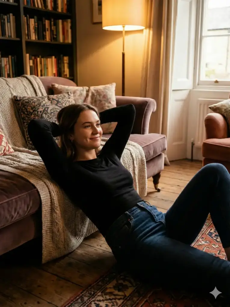 Create an intimate indoor lifestyle portrait of a young adult woman relaxing on the floor beside a sofa in a cozy living room. She reclines comfortably with her back against the sofa, arms resting behind her head, capturing a natural moment of ease and contentment. Her expression is soft and subtly smiling, conveying calm and quiet happiness. She wears a fitted black long-sleeve top paired with classic denim jeans, simple and understated. Warm ambient indoor lighting fills the space, casting gentle highlights and soft shadows across her face and clothing. The surrounding sofa cushions and floor textures add warmth and realism to the scene. The image features shallow depth of field, realistic skin tones, subtle grain, and a warm editorial color grade. Photorealistic lifestyle photography, relaxed pose, cozy interior mood, natural emotion, no harsh lighting, aspect ratio 3:4.