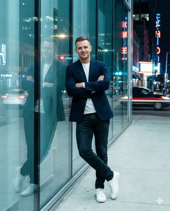 Create a night city lifestyle portrait of an adult man leaning casually against a glass office building, relaxed posture with one shoulder touching the wall, arms loosely crossed, wearing a tailored navy blazer over a white crew-neck shirt, dark jeans, clean white sneakers, short groomed hair, confident half-smile, city lights reflected in the glass, cool-toned lighting, premium lifestyle photography look. Use aspect ratio 4:5.