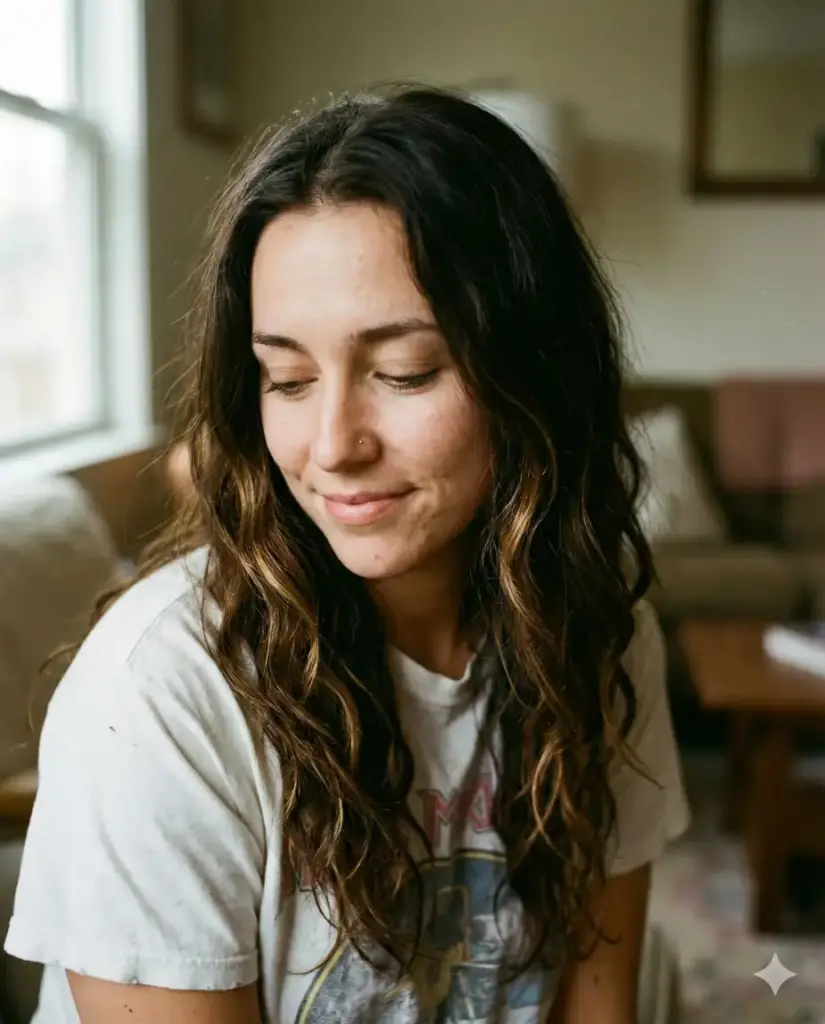 Create a photorealistic intimate close-up portrait of a young woman captured from a slightly high angle, framed from the shoulders up, as she looks gently downward with a soft, content smile. Her long, naturally wavy hair falls loosely around her face with warm brown highlights catching the light, creating a relaxed and authentic feel. She wears a casual white graphic t-shirt, adding a lived-in, everyday charm to the scene. A small nose stud adds a subtle personal detail without drawing focus away from her expression. Lighting is soft natural window light coming from one side, creating gentle highlights on her face and smooth shadows that enhance depth while preserving realistic skin texture. The background is softly blurred and unobtrusive, suggesting an indoor setting without clear details, keeping full attention on her calm, introspective mood. The overall atmosphere is quiet, warm, and emotionally grounded, like a candid moment captured in natural light. High resolution, realistic lens depth, true-to-life colors, no distortion, no text, no artifacts. Aspect ratio 4:5.