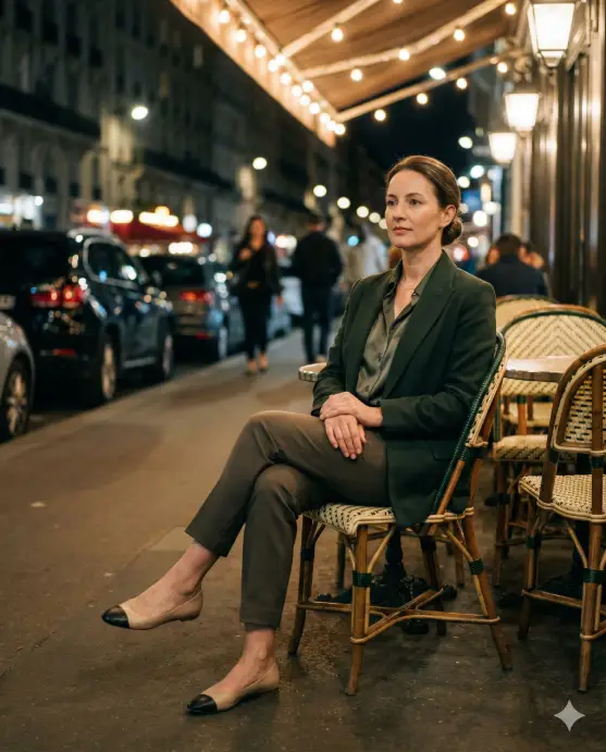 Create a night city lifestyle photo of an adult woman sitting on an outdoor café chair, upright but relaxed posture with legs crossed at the ankles, hands gently resting on her lap, wearing a dark green blazer over a silk blouse, tailored trousers, elegant flats, hair tied in a low bun, soft natural makeup, thoughtful expression, warm café lights illuminating her face, blurred night street in the background, realistic colors and textures. Use aspect ratio 4:5.