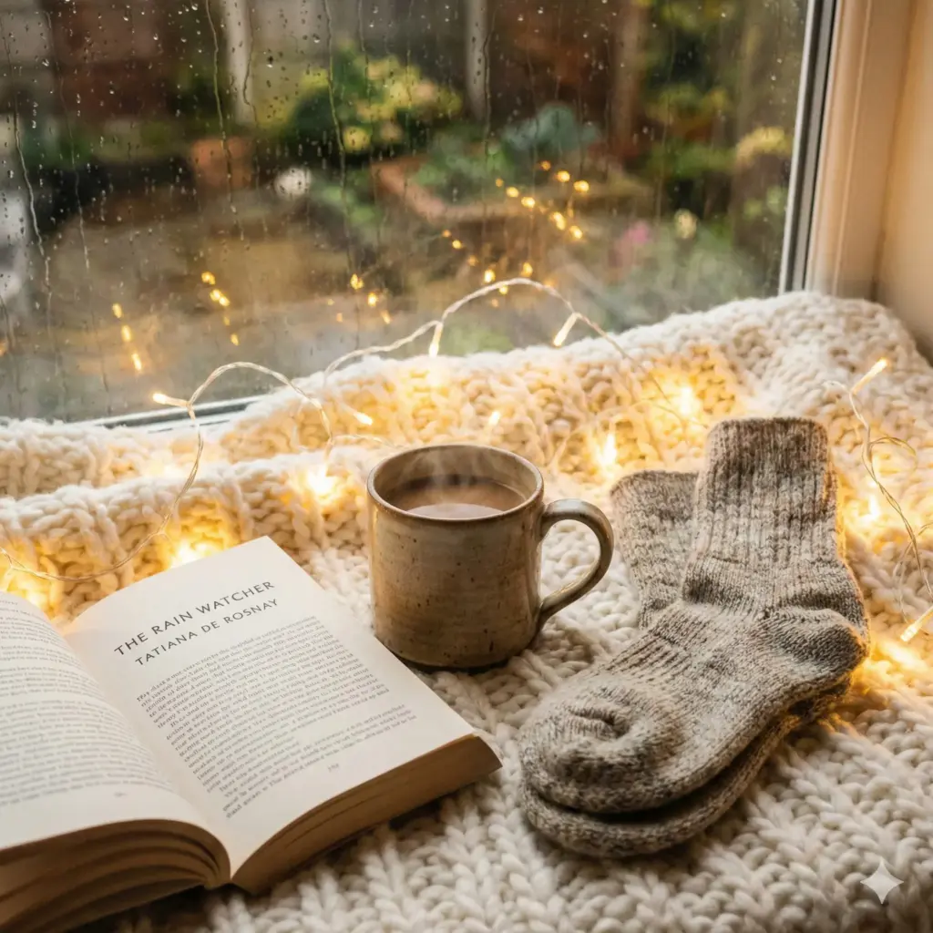 Create a warm still life photo on a chunky knit white blanket. Place a ceramic mug of coffee, an open paperback book with text visible, and a pair of thick wool socks. Add a string of warm white fairy lights loosely draped around the objects to provide a soft, magical glow. The lighting should be golden and inviting, evoking a rainy afternoon indoors. Soft textures, high resolution. Use aspect ratio 1:1.