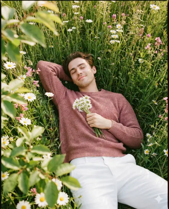 Create a serene, top-down portrait of a young man lying peacefully in a lush meadow filled with wildflowers. He rests on his back among tall green grass, white daisies, and scattered pink blossoms, completely immersed in nature. One arm is bent behind his head in a relaxed pose, while the other gently holds a small bouquet of freshly picked daisies against his chest. He has soft, natural facial features, light stubble, and slightly tousled dark hair. His eyes are closed with a faint, content smile, conveying calmness, tenderness, and quiet joy. His expression feels intimate and emotionally warm, as if caught in a private moment of rest and reflection. He wears a textured mauve or dusty-rose knit sweater paired with clean white trousers, creating a gentle contrast against the vibrant greens and florals. The outfit feels cozy, romantic, and timeless. The scene is bathed in warm, natural daylight, soft afternoon, sunlight filtering through leaves and petals. Highlights gently kiss the skin and flowers, while shadows remain soft and organic. Foreground leaves and flowers partially frame the subject, adding depth and a dreamy, cinematic feel. Colors are rich yet natural: lush greens, creamy whites, soft yellows, and muted pinks, with a harmonious, film-like color grade. Use aspect ratio 4:5.