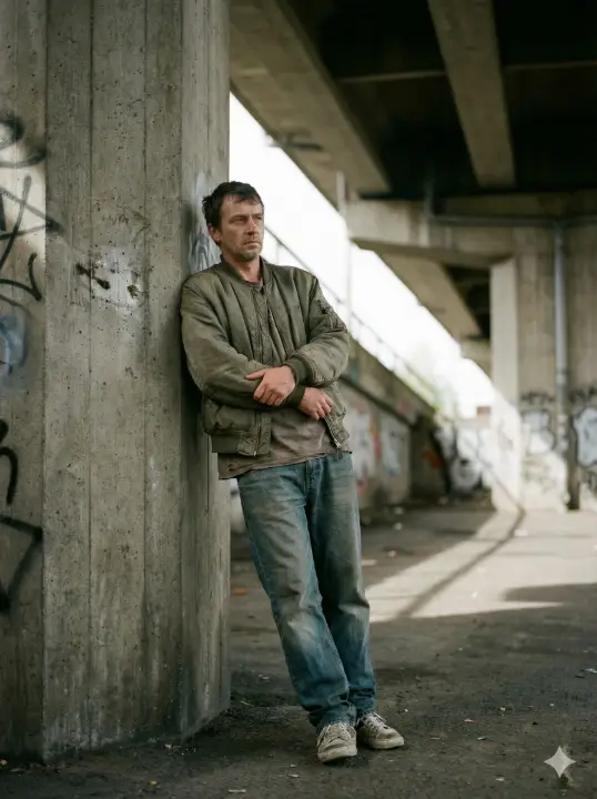 Create a candid street photography portrait of a man standing under a flyover, leaning slightly against a concrete pillar with arms crossed loosely, wearing a faded bomber jacket over a plain t-shirt, relaxed-fit jeans, and worn sneakers, shoulders slightly slouched, expression thoughtful and distant, soft diffused daylight filtering through gaps above, textured concrete surroundings, muted colors, shallow depth of field, subtle film grain, and a raw documentary feel. Use aspect ratio 3:4.