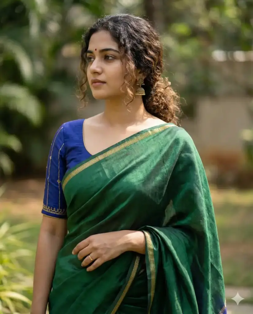 Create a photorealistic cinematic portrait of a young Indian woman wearing a deep green silk saree paired with a rich royal-blue blouse featuring subtle embroidered detailing. She is captured from the waist up in a three-quarter side profile, looking thoughtfully to her left, away from the camera. Her expression is calm, introspective, and emotionally grounded. She has naturally curly, shoulder-length hair with soft definition, minimal flyaways, and natural volume. A small bindi rests at the center of her forehead, and she wears traditional gold jhumka earrings and a simple ring, adding understated elegance. The saree drapes naturally across her torso with realistic fabric folds and texture, no stiffness or artificial symmetry. One hand rests gently near her waist, holding the saree pleats in a relaxed, unposed manner. Her makeup is minimal and realistic with soft skin texture, natural highlights, and muted lip color. Lighting is soft natural daylight, slightly directional, creating gentle shadows along the jawline and neck without harsh contrast. The background is an outdoor setting rendered with shallow depth of field, softly blurred greenery and neutral tones, fully filled with no empty patches or artifacts. The overall mood is graceful, timeless, and cinematic, blending traditional aesthetics with a modern editorial feel. High resolution, realistic lens depth, true-to-life colors, natural skin tones, no over-smoothing, no distortion, no text. Aspect ratio 4:5.
