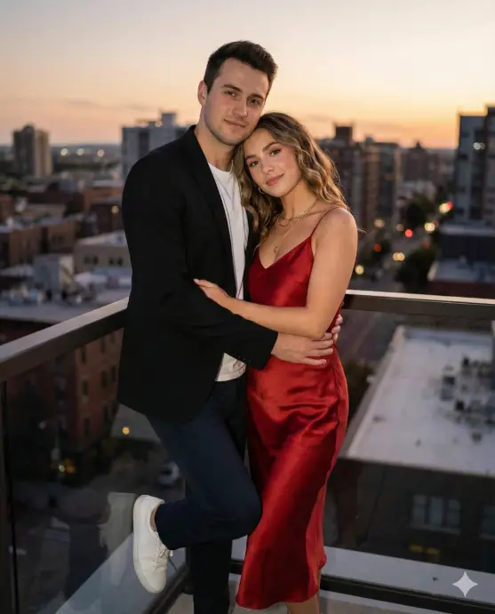Create a romantic Valentine's Day couple photo of a young adult man and young adult woman standing close on a city balcony at sunset, the man standing slightly behind the woman with one arm wrapped gently around her waist, the woman leaning back into him with relaxed posture, both looking softly toward the camera, the man wearing a fitted black blazer over a white t-shirt with tailored trousers and clean sneakers, the woman wearing a satin red slip dress with thin straps and minimal gold jewelry, natural makeup with glossy lips, soft waves in her hair, shot from a slightly low camera angle to add depth, warm golden hour lighting casting soft highlights on skin, blurred city skyline in the background, shallow depth of field, cinematic yet modern Instagram couple aesthetic. Use aspect ratio 4:5.