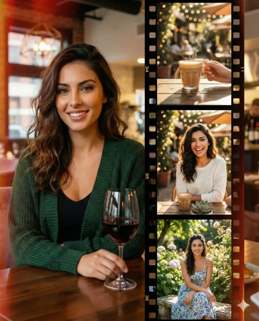 Create a cinematic collage inspired by vintage film strips. Place one large main photo on the left and a vertical film strip on the right containing smaller sequential moments. Add subtle light leaks, soft grain, and gentle shadows to enhance the storytelling effect. Use warm tones and natural highlights to create emotional depth. Keep the layout clean and balanced for a romantic, Instagram-friendly finish. Aspect ratio 4:5.